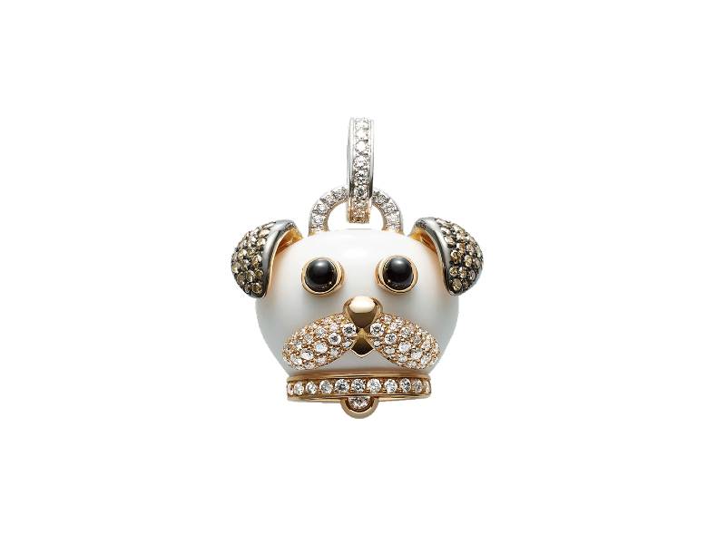 CAMPANELLA DOG CHARM IN 18KT PINK AND WHITE GOLD,KOGOLONG,BROWN AND WHITE DIAMONDS AND ONYX CAMPANELLE CHANTECLER 36326